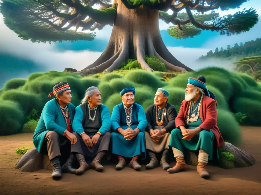 Un círculo de ancianos Mapuche bajo un árbol, tejiendo y conversando, reflejando resistencia y sabiduría ancestral