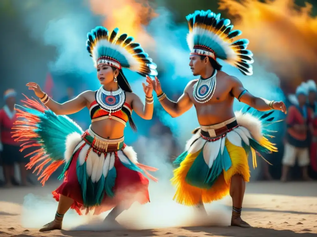 Un círculo de bailarines indígenas con trajes vibrantes y plumajes, en plena danza