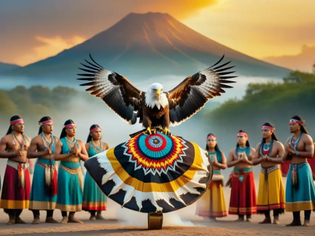 Círculo de bailarines nativos danzando el ritual espiritual de la Danza del Águila al atardecer, conectados con la naturaleza y lo divino