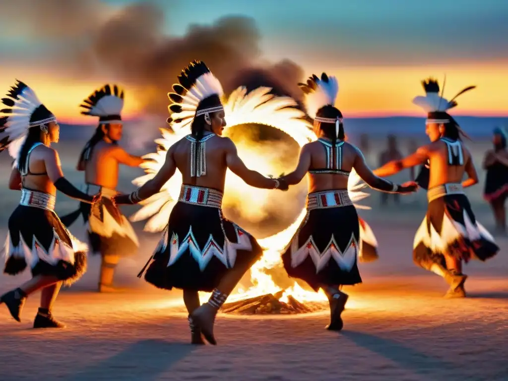 Un círculo de bailarines Sioux en trajes tradicionales danzan alrededor del fuego sagrado en las Grandes Llanuras