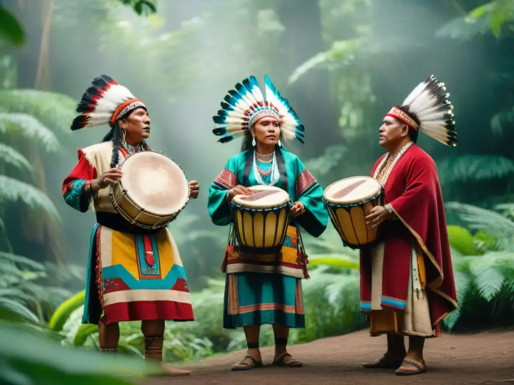 Un círculo de cantantes indígenas con atuendos tradicionales y rostros pintados, en la selva