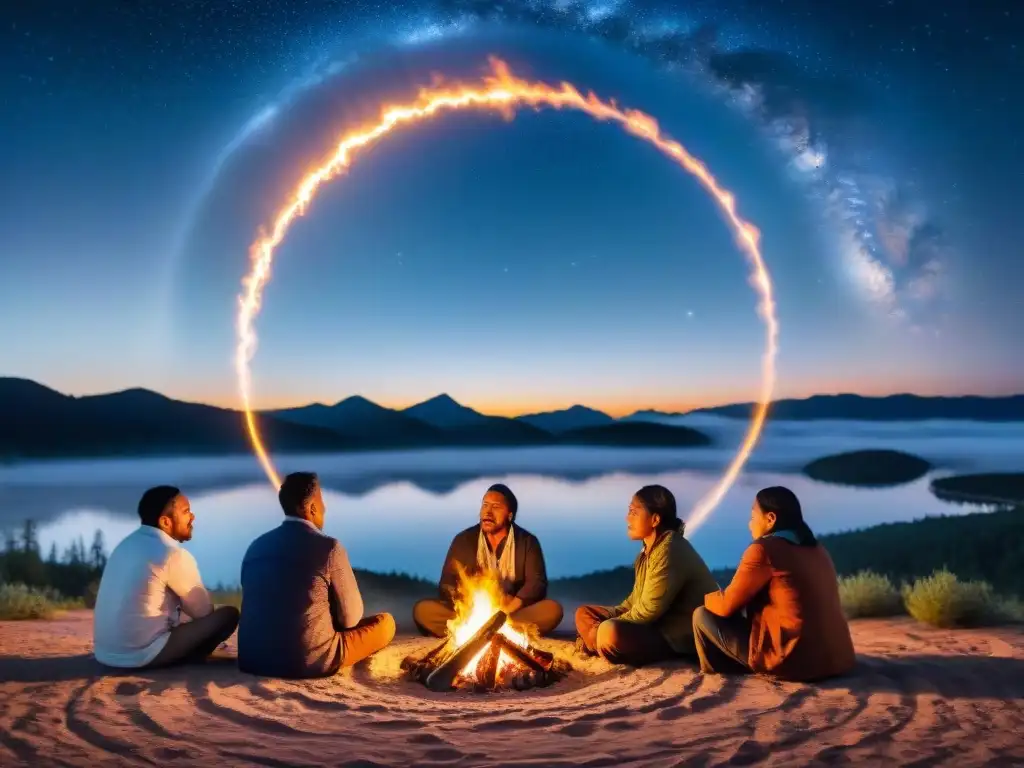 Círculo de comunidad indígena cantando alrededor del fuego bajo un cielo estrellado, resaltando la Importancia del canto en comunidades indígenas