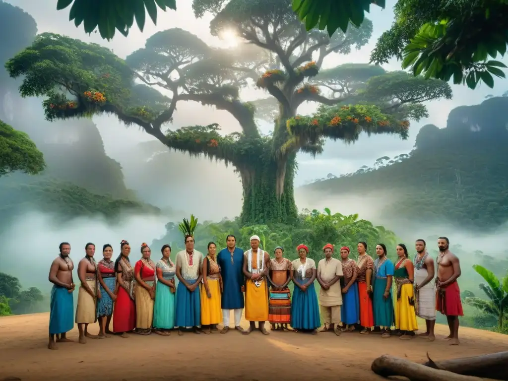 Un círculo de la comunidad GuaraniKaiowá en la selva brasileña, con atuendos tradicionales y expresiones de lucha y esperanza