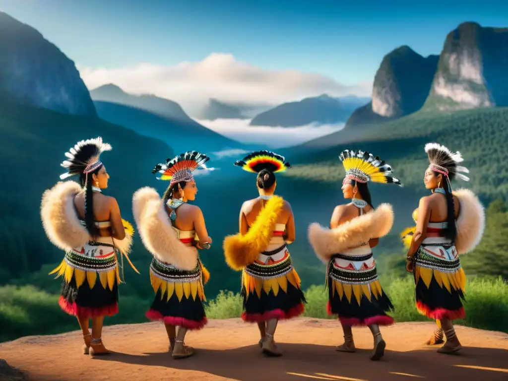 Círculo de danza de culturas indígenas de América profunda, en paisaje natural con montañas y bosque exuberante