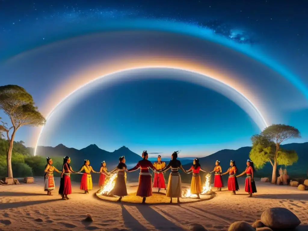 Círculo de danzas tradicionales indígenas alrededor de fogata, bajo estrellado cielo