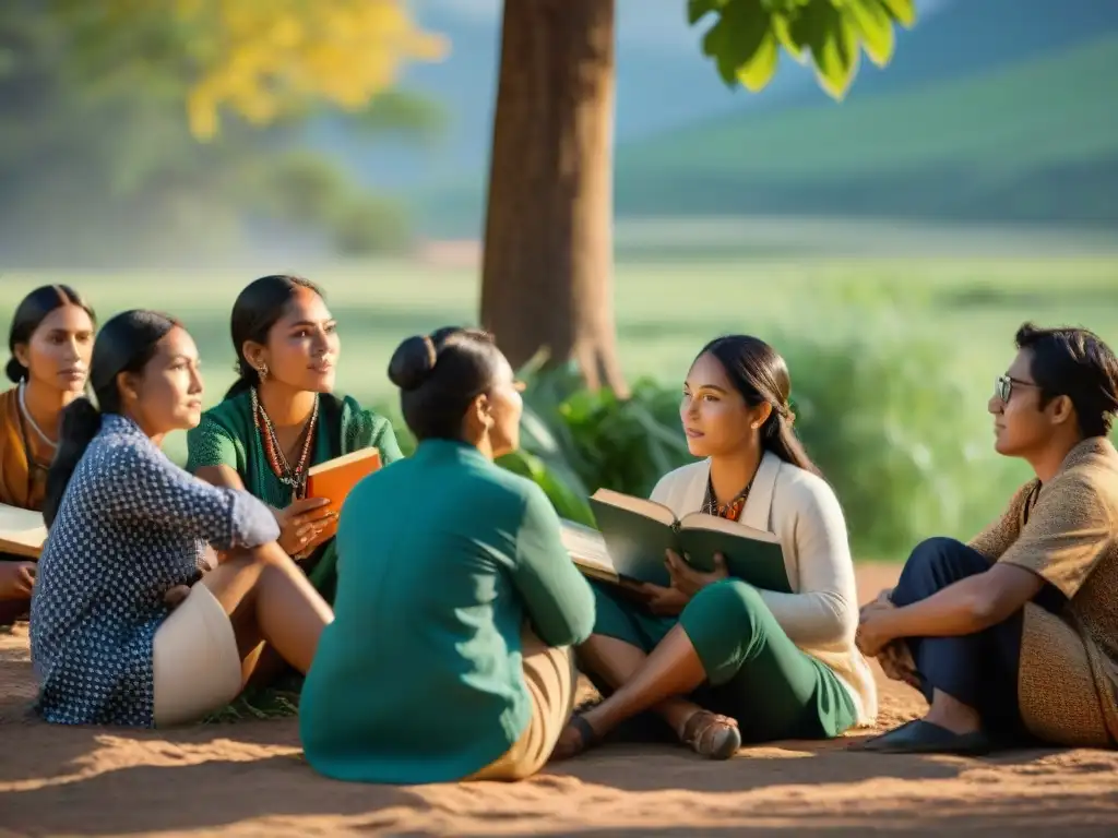 Un círculo de estudiantes indígenas bajo un árbol, debatiendo y escuchando, en un paisaje verde