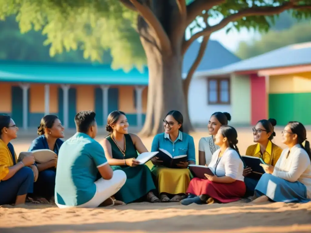 Un círculo de estudiantes indígenas debatiendo bajo un árbol, en una aldea colorida