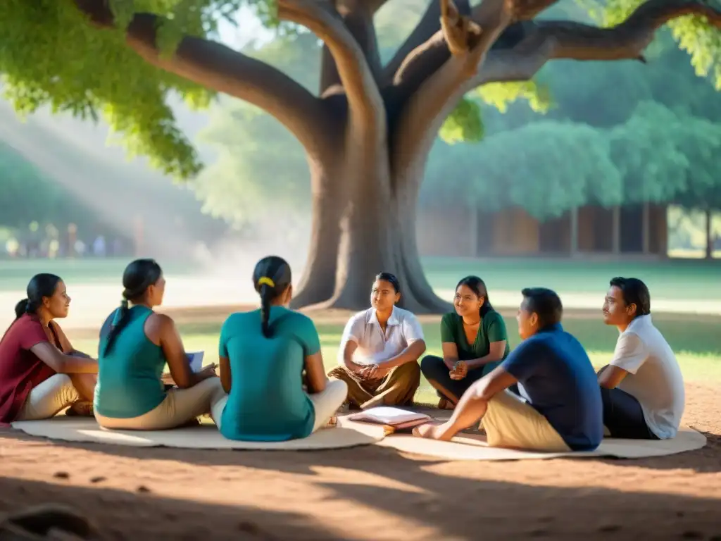 Un círculo de estudiantes indígenas bajo un árbol, compartiendo historias y aprendizaje