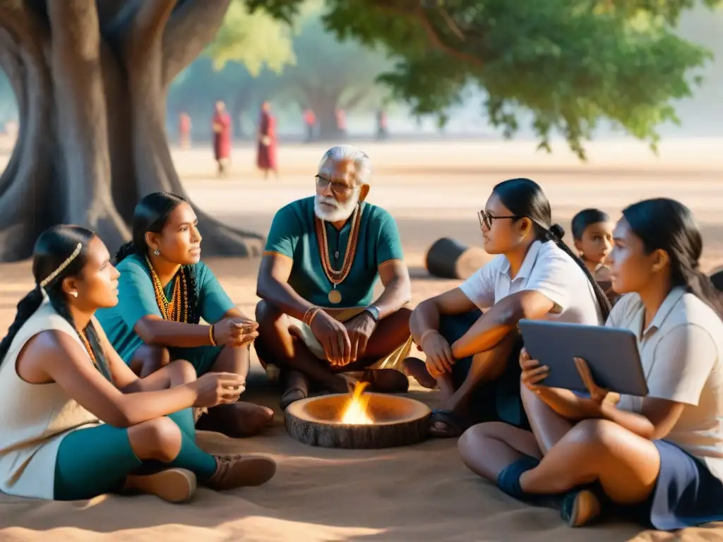 Un círculo de estudiantes indígenas escuchando historias bajo un árbol, fusionando sabiduría ancestral con tecnologías educativas