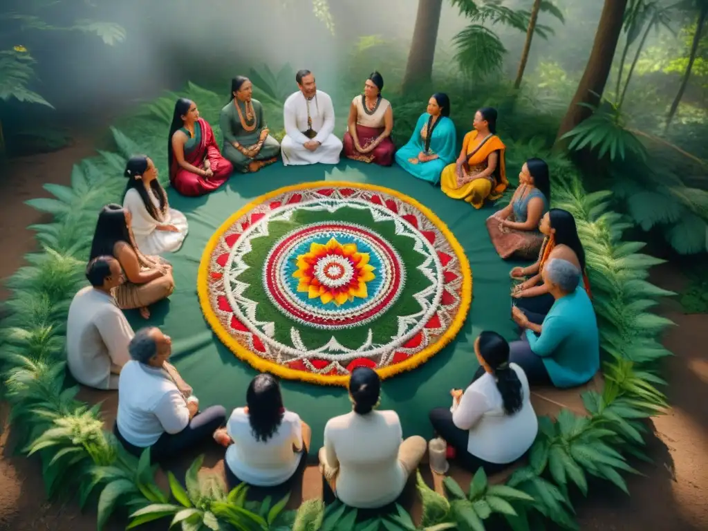 Círculo de individuos indígenas en proceso de arte terapia con enfoque indígena alrededor de un mandala vibrante de materiales naturales