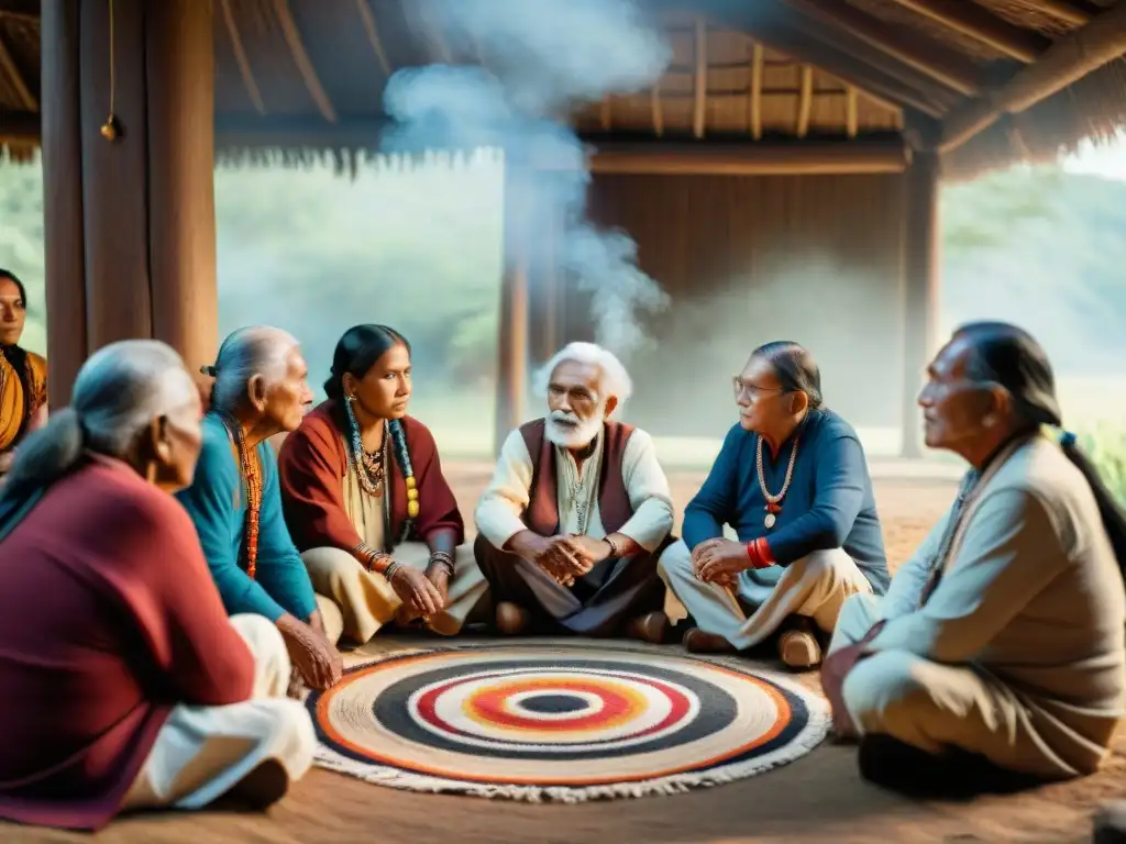 Un círculo de jóvenes y ancianos indígenas comparten sabiduría en un espacio tradicional