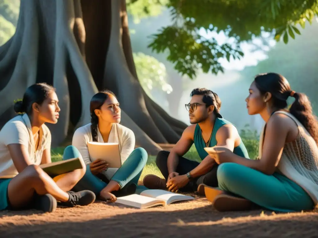 Un círculo de jóvenes autores indígenas bajo un árbol, rodeados de libros