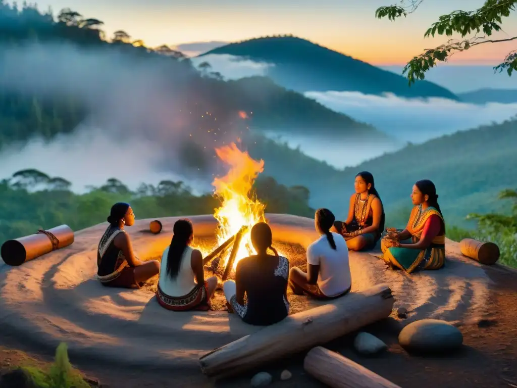 Un círculo de jóvenes indígenas alrededor de una fogata, combinando tradición y modernidad en un bosque místico al anochecer