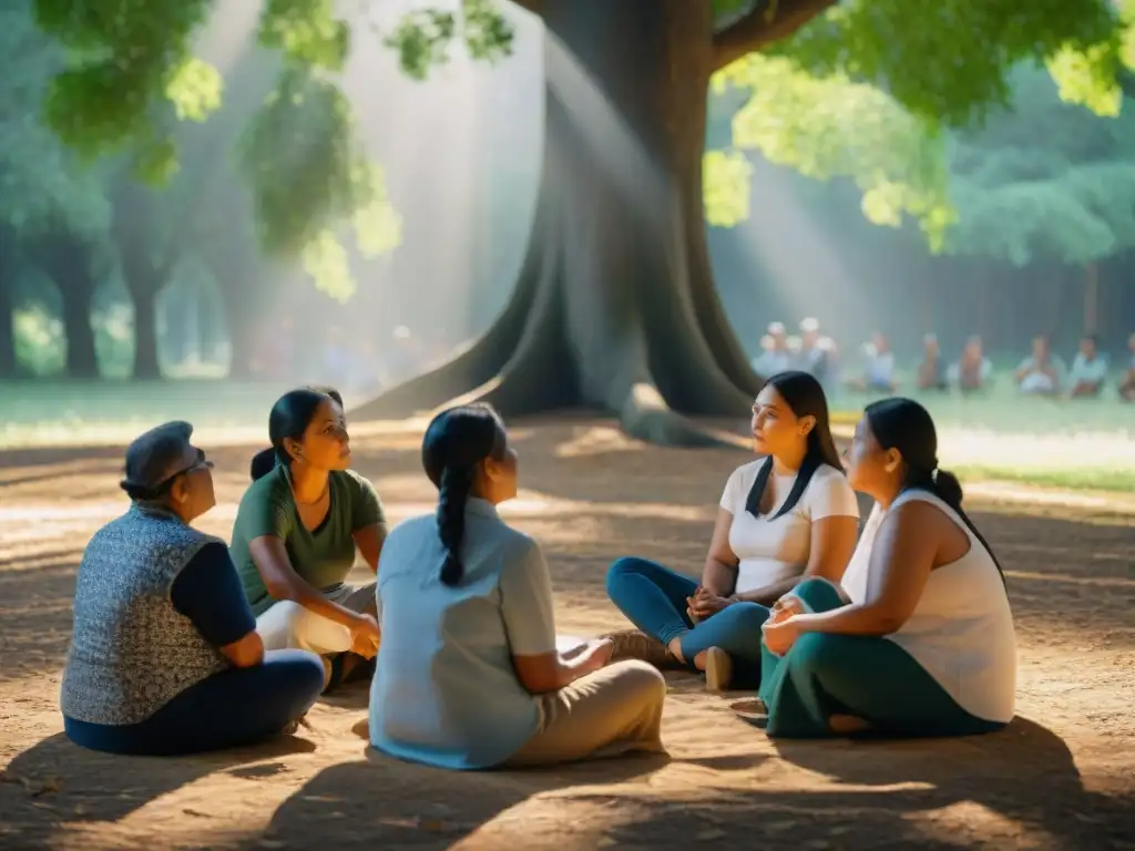 Un círculo de jóvenes indígenas en taller de revitalización de lenguas, escuchando historias ancestrales bajo un árbol