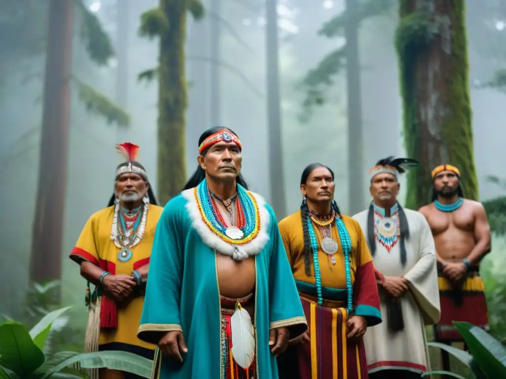 Círculo de líderes espirituales indígenas en América, unidos en ceremonia sagrada en el bosque