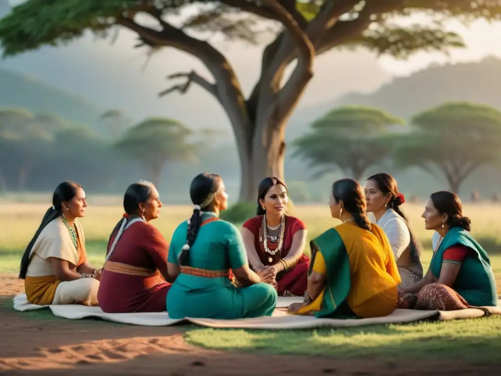 Un círculo de líderes indígenas femeninas bajo un árbol, expresando sabiduría y empoderamiento