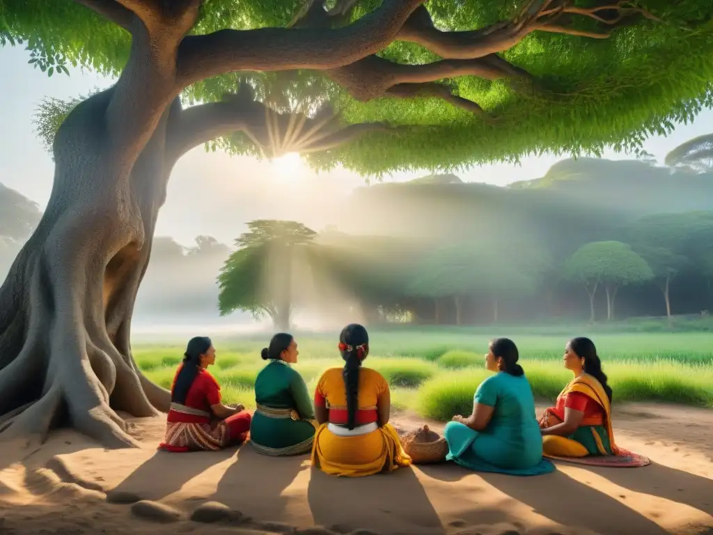 Un círculo de mujeres indígenas empoderadas, reunidas bajo un árbol, compartiendo sabiduría y tradiciones