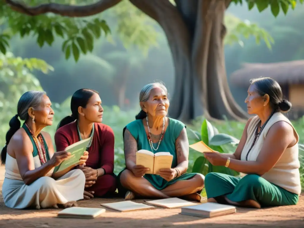 Un círculo de mujeres indígenas enseña y aprende bajo un árbol, transmitiendo lenguas ancestrales