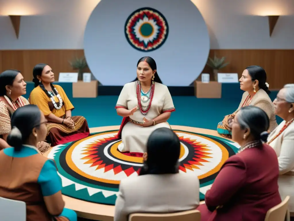 Un círculo de mujeres indígenas en un foro político, discutiendo con orgullo y colaboración