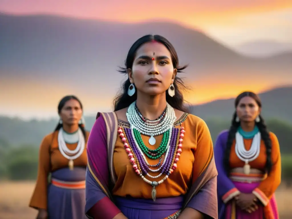 Un círculo de mujeres indígenas unidas, mirando al horizonte con determinación, rodeadas de vegetación