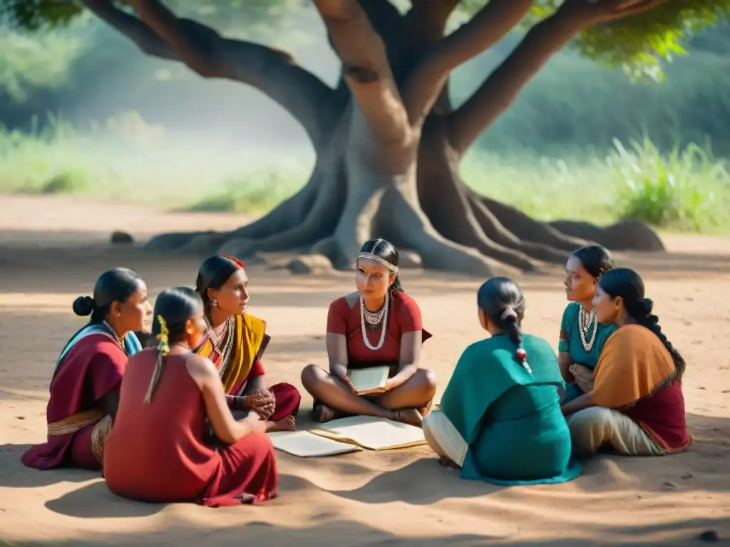 Un círculo de mujeres indígenas preservando lenguas, discutiendo bajo un árbol