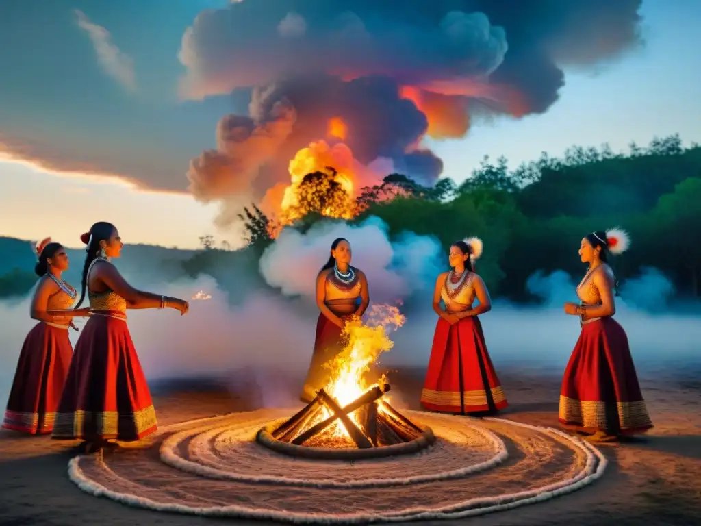 Círculo de mujeres indígenas líderes empoderadas danzando alrededor de una fogata bajo un cielo estrellado entre árboles antiguos