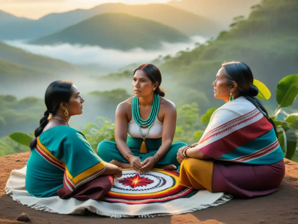 Un círculo de mujeres indígenas revitalización lingüística, compartiendo sabiduría con determinación y empoderamiento en la naturaleza