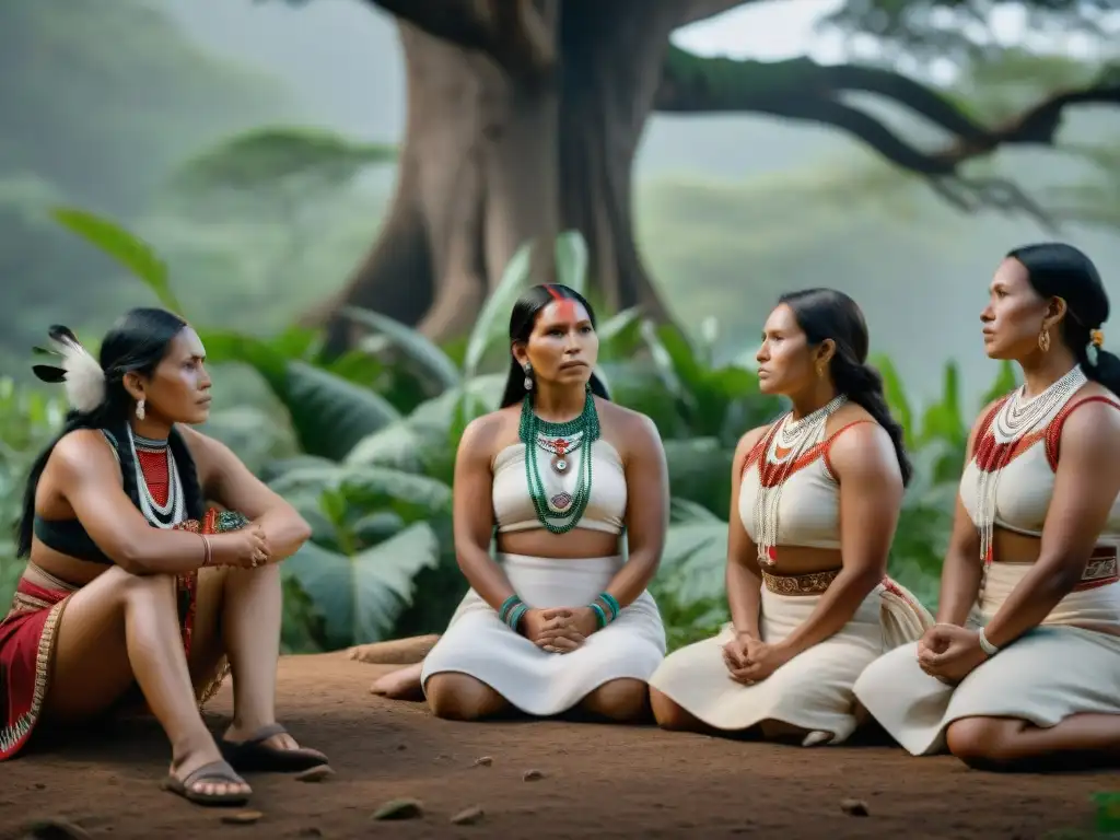 Mujeres indígenas: fuerza y unidad en la naturaleza Un círculo de mujeres indígenas en profunda conversación bajo un árbol, transmitiendo fuerza y sabiduría