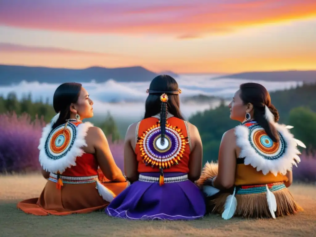 Un círculo de mujeres indígenas de diversas tribus en un powwow al atardecer en Hollywood