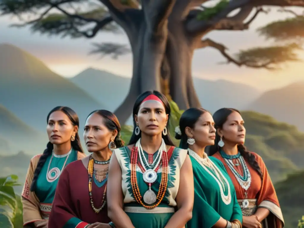 Círculo de mujeres líderes indígenas reunidas bajo un árbol al atardecer, representando el liderazgo femenino en comunidades indígenas