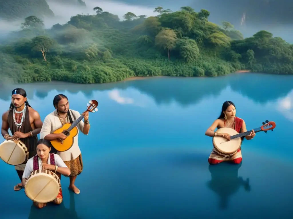 Un círculo de músicos de diversas comunidades indígenas tocando instrumentos tradicionales en armonía con la naturaleza