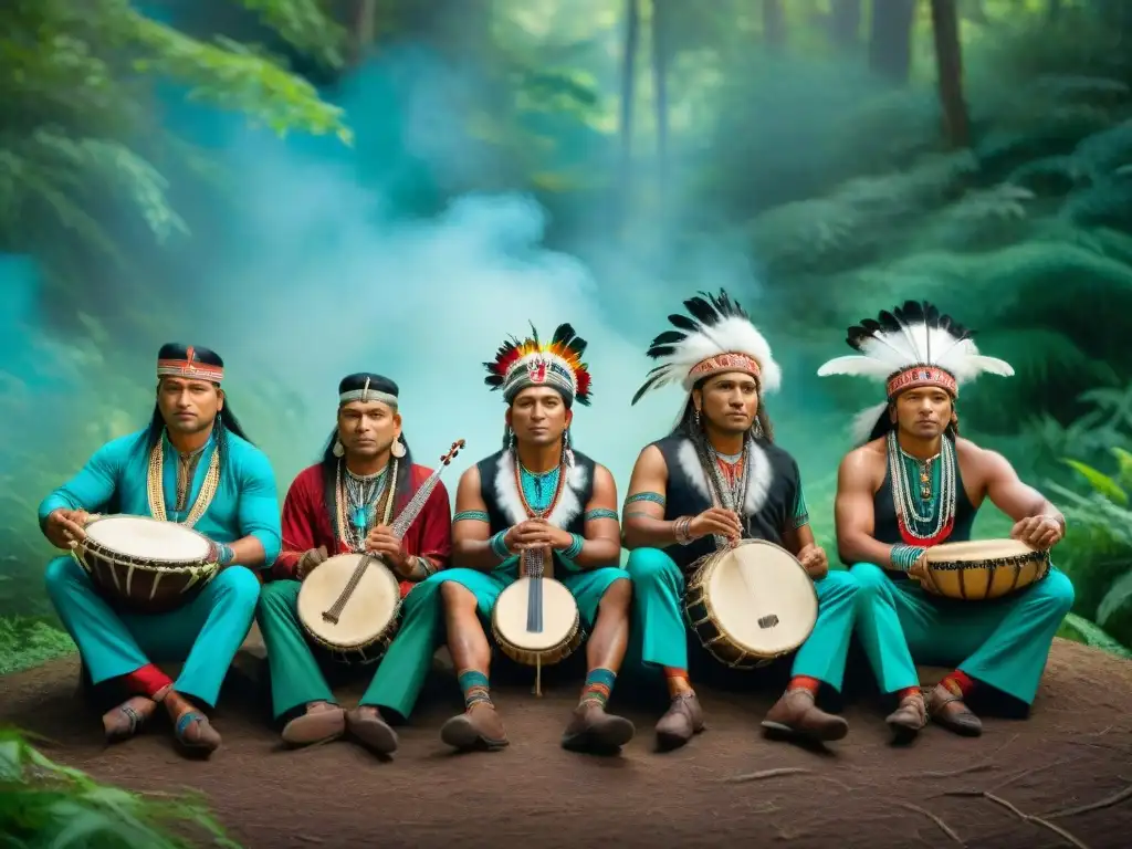 Un círculo de músicos indígenas contemporáneos de las Américas tocando instrumentos tradicionales en un bosque verde vibrante