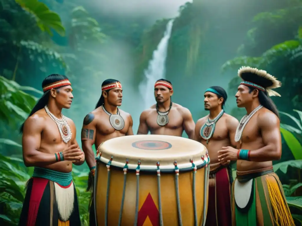 Círculo de músicos indígenas de América, unidos por tambores ancestrales en la selva amazónica