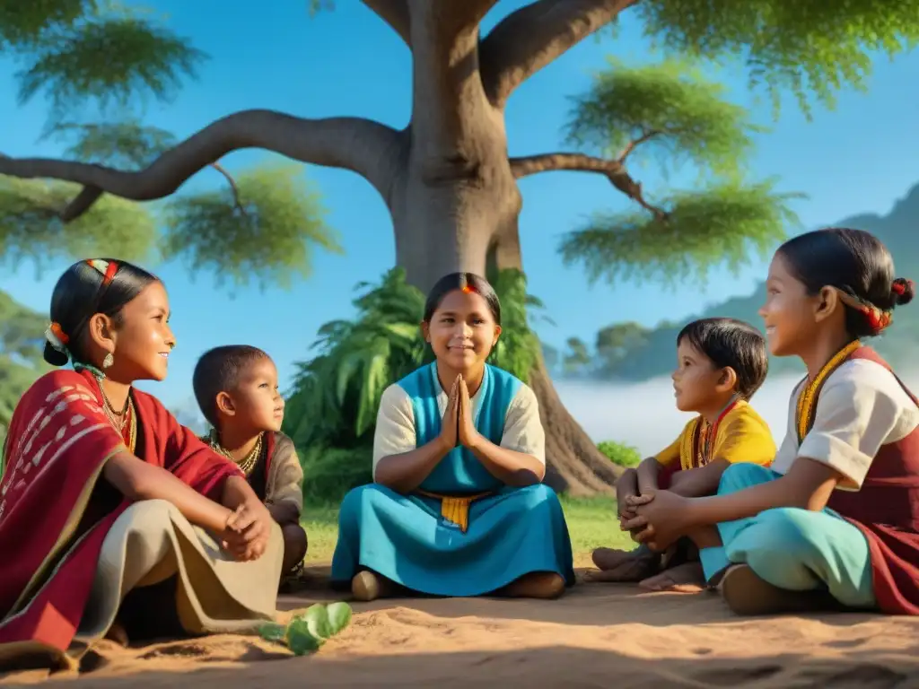 Un círculo de niños indígenas unidos bajo un árbol, vistiendo atuendos tradicionales, promoviendo la educación para la igualdad derechos indígenas