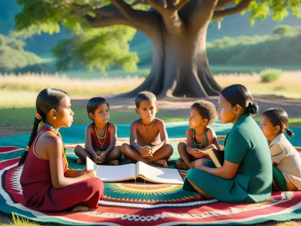 Un círculo de niños indígenas aprendiendo de un anciano bajo un árbol, en un entorno natural