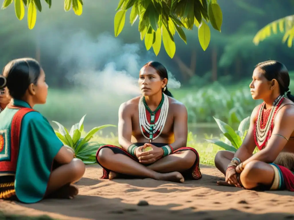 Un círculo de niños indígenas escucha atentamente a un anciano, transmitiendo sabiduría ancestral