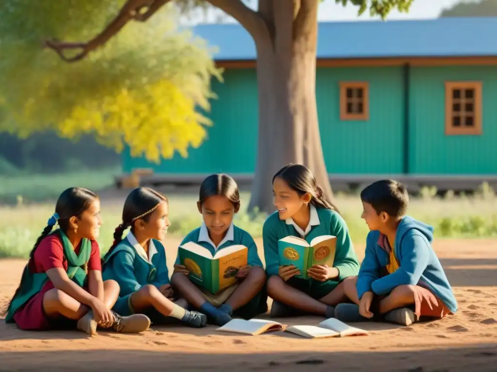 Un círculo de niños indígenas bajo un árbol leyendo libros bilingües, reflejando orgullo cultural y aprendizaje