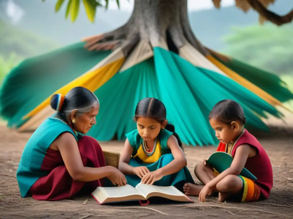 Un círculo de niños indígenas bajo un árbol, leyendo 'Derechos Indígenas' con un anciano sabio