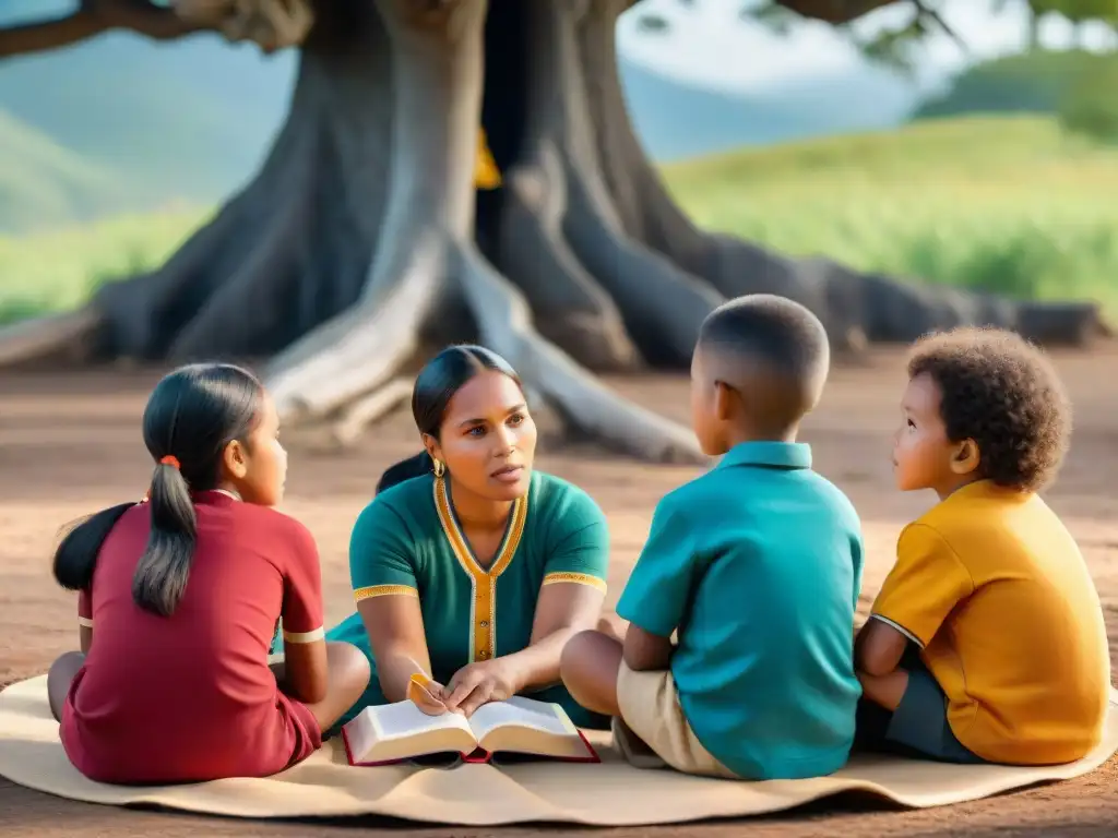 Un círculo de niños indígenas escuchando relatos bajo un árbol, rodeados de libros y artefactos tradicionales