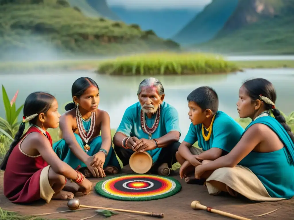 Un círculo de niños indígenas rodeados de artesanías y instrumentos musicales, inmersos en una sesión educativa y cultural al atardecer