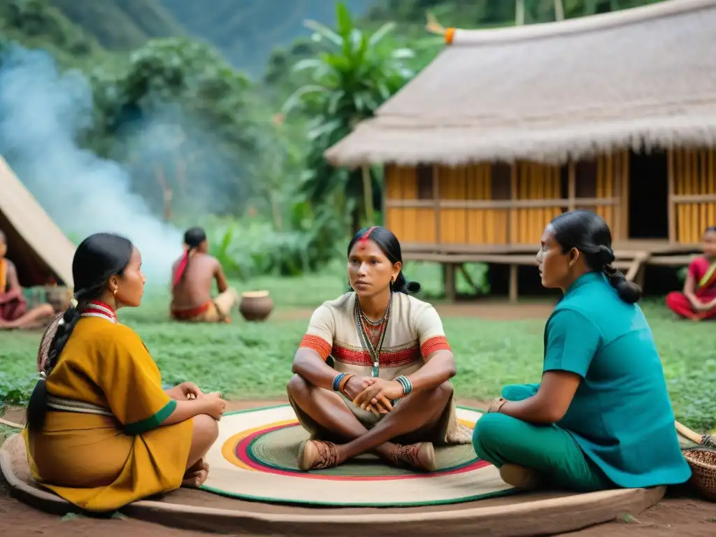 Un círculo de niños indígenas escuchando sabiduría ancestral, reflejando la educación comunitaria