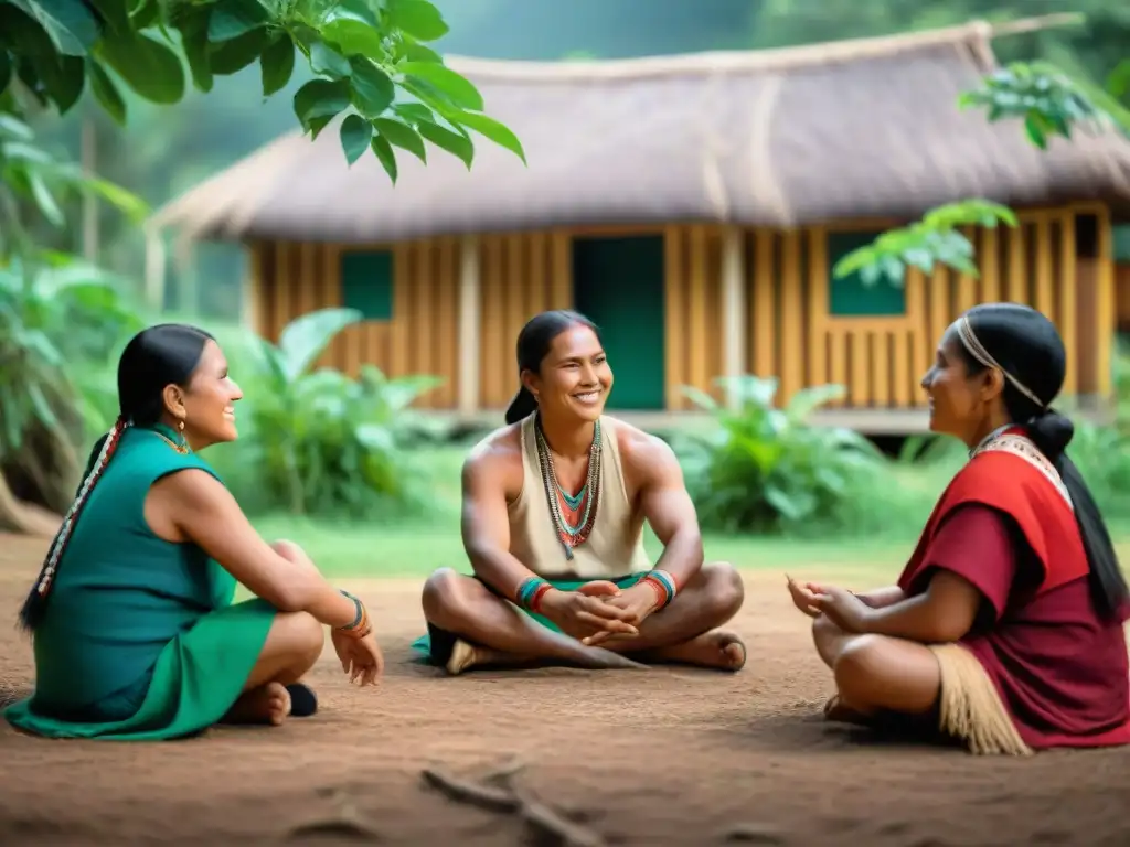 Un círculo de niños indígenas aprendiendo de su sabio, rodeados de naturaleza y estructuras tradicionales