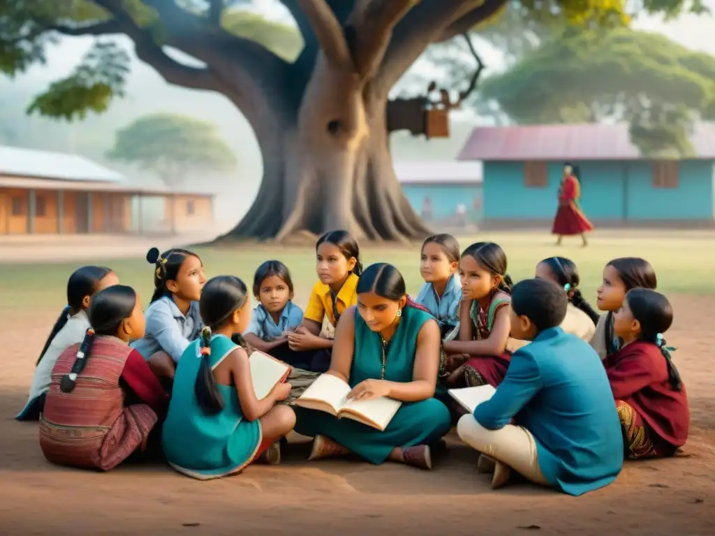 Un círculo de niños indígenas de distintas tribus del mundo, debatiendo bajo un árbol en la escuela