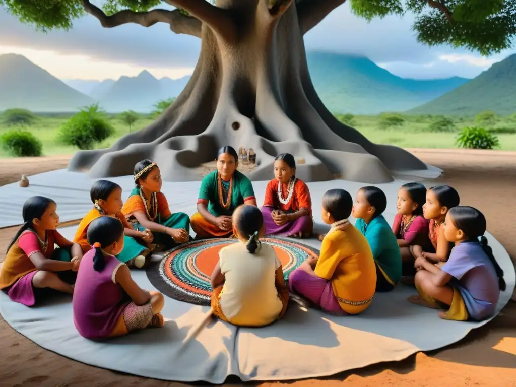 Un círculo de niños indígenas de diversas tribus americanas creando arte bajo un árbol, en un paisaje exuberante al atardecer