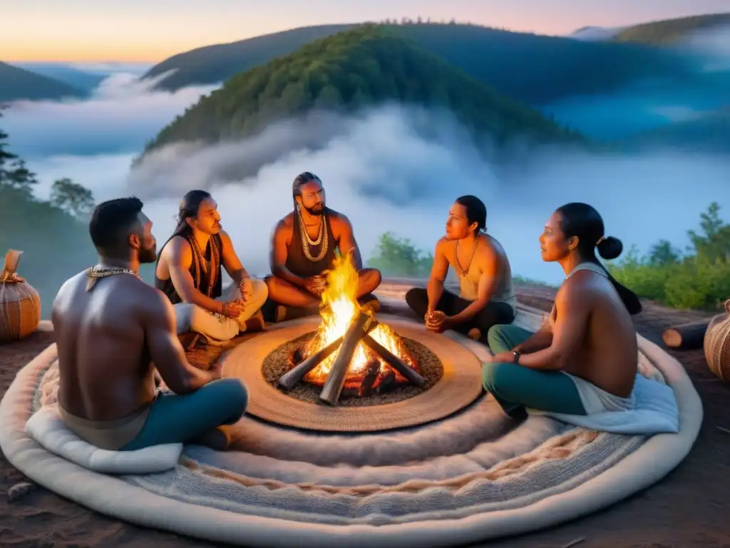 Un círculo de personas diversas alrededor de una fogata en un ritual de sanación con música indígena en el bosque al atardecer