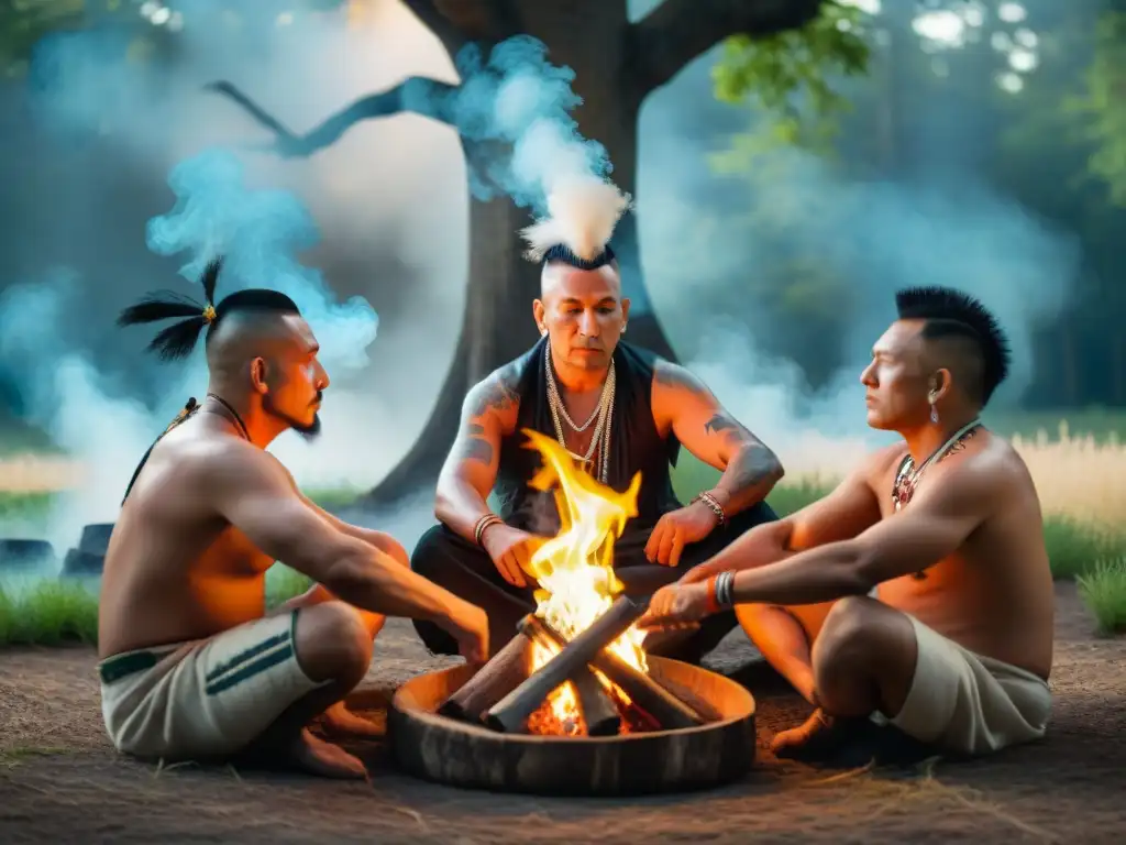 Reunión sagrada: Mohawk elders en círculo Círculo de sabiduría: Ancianos Mohawk en regalia tradicional, conectados en la revitalización rituales ceremonias Mohawk