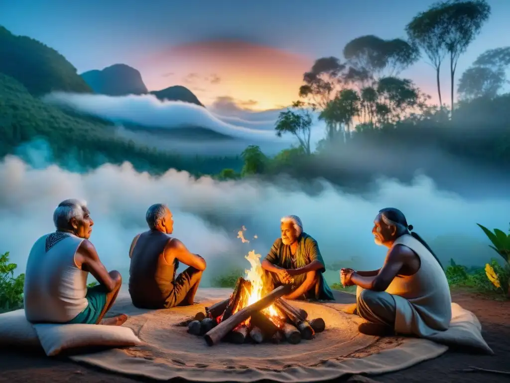 Sabiduría ancestral en la luz de la hoguera Un círculo de sabiduría indígena alrededor del fuego, compartiendo tradiciones ancestrales bajo la luna