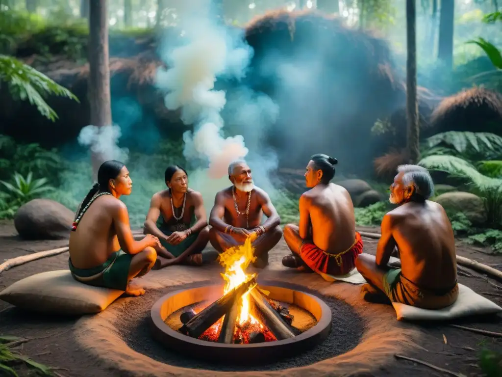 Círculo sagrado de ancianos indígenas en ritual alrededor del fuego en la selva