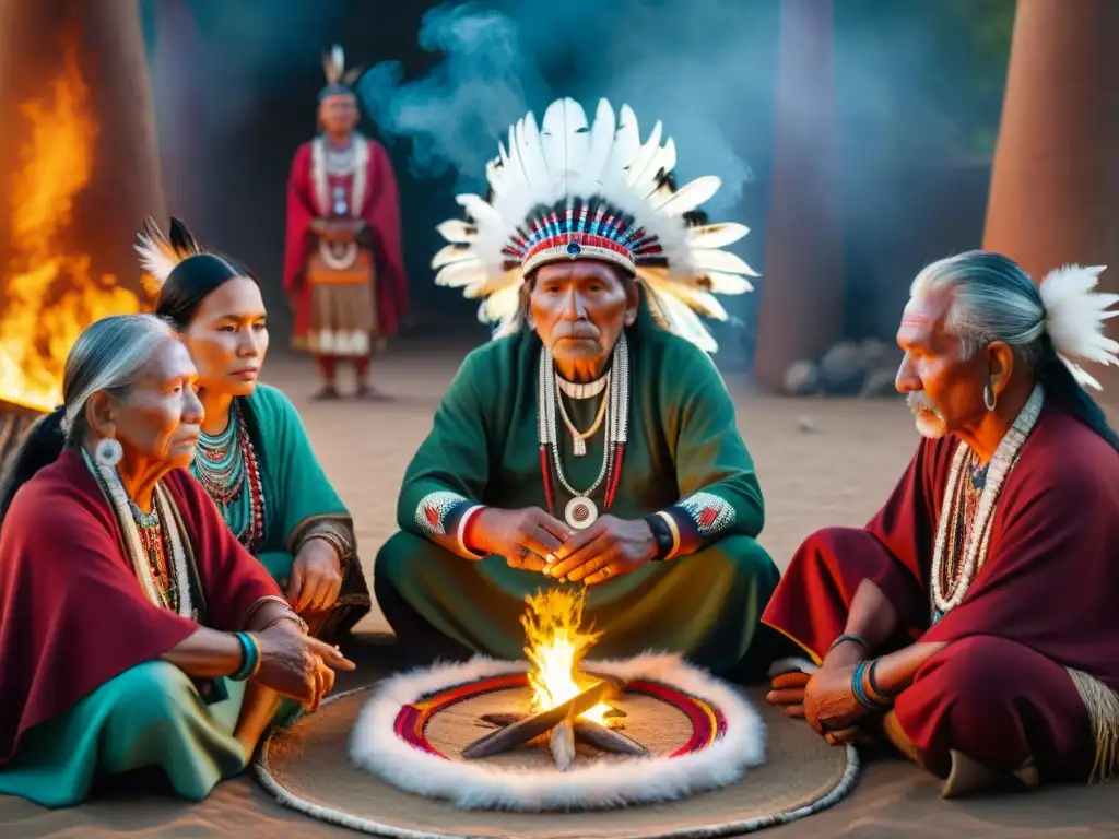 Círculo sagrado de ancianos indígenas con vestimenta tradicional, en ceremonia espiritual