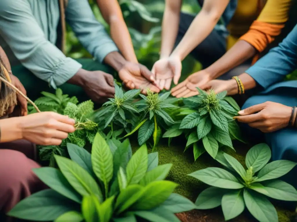 Círculo de sanadores indígenas en la selva amazónica, intercambiando saberes sobre Medicina herbal nativa en América